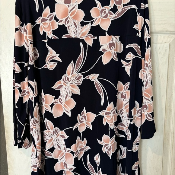 “SJS” V Neck  Soft Knit Navy Blouse With Textured Pink Floral Design - Picture 2 of 8